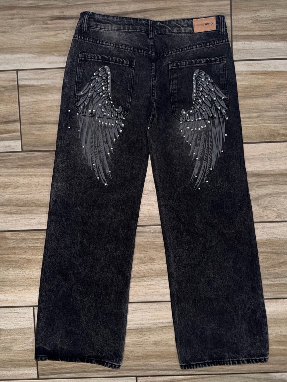 Soho Black Straight-Leg Jeans with Wing Back Embellishments